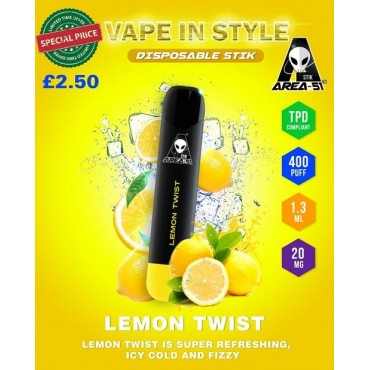 Lemon Twist By Area 51 Disposable Stik Pod Device | 400 Puffs 20MG